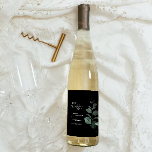 Étiquette de vin Mariage noir moderne verdure (Créateur téléchargé)
