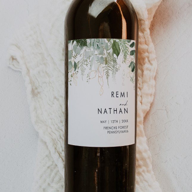 Étiquette de vin Mariage verdoyant et feuille d'or (Créateur téléchargé)