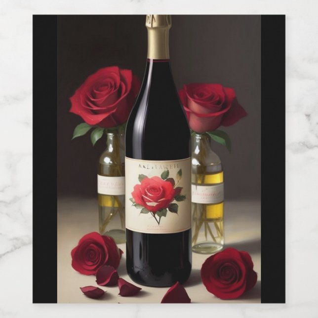 Étiquette de vin rose (A beautifully arranged wine bottle surrounded by vibrant red roses.  )