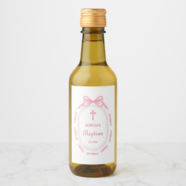 Étiquette de vin rose Bow Ribbon Frame Baptême (Devant)