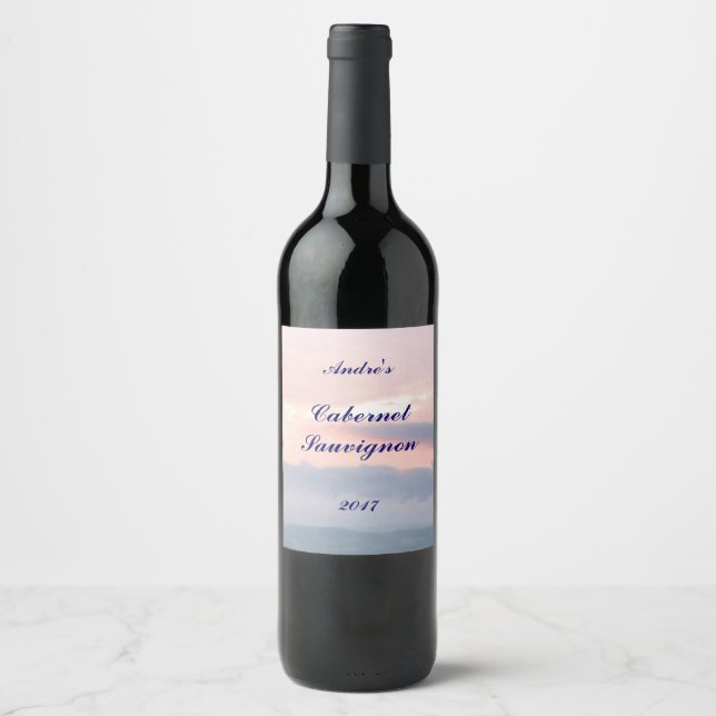 Étiquette de vin Sky Sunset rose et bleu (Devant)