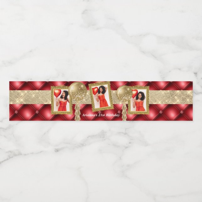 Étiquette d'eau rouge et or avec photos (Étiquettes simples)