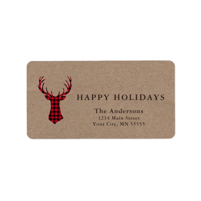 Étiquette Deer Kraft Plaid Christmas Adresse de retour (Devant)