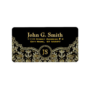 Étiquette Diamants noirs et Damas florales d'or