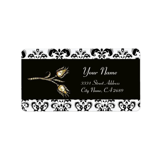 ÉTIQUETTE DIAMOND TULIPS BLACK WHITE DAMASK (Devant)