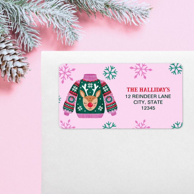 Étiquette Doux moche avec rennes et flocons de neige (Ugly Sweater with Reindeer and Snowflakes Label)