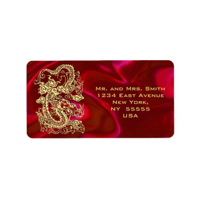 Étiquette Dragon d'or embouti sur papier satin rouge (Devant)