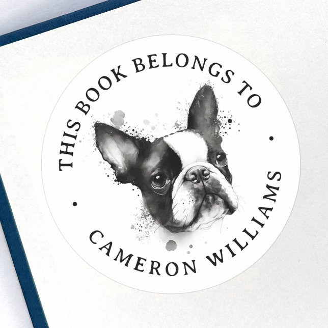 Étiquette du livre d'aquarelle de Boston terrier (Créateur téléchargé)
