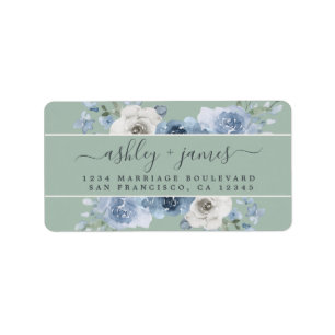 Étiquette Dusty Blue Floral Green Mariage Adresse de retour