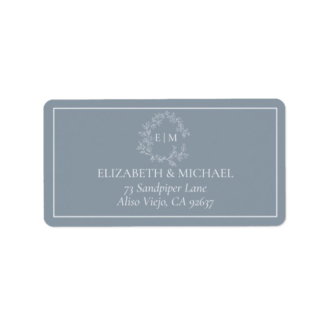 Étiquette Dusty Blue Leafy Crest Monogram Adresse du Mariage (Devant)