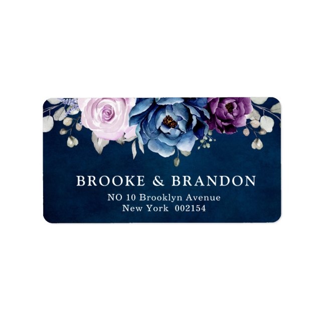 Étiquette Dusty Blue Purple Navy Lilac Blooms Mariage Étique (Devant)