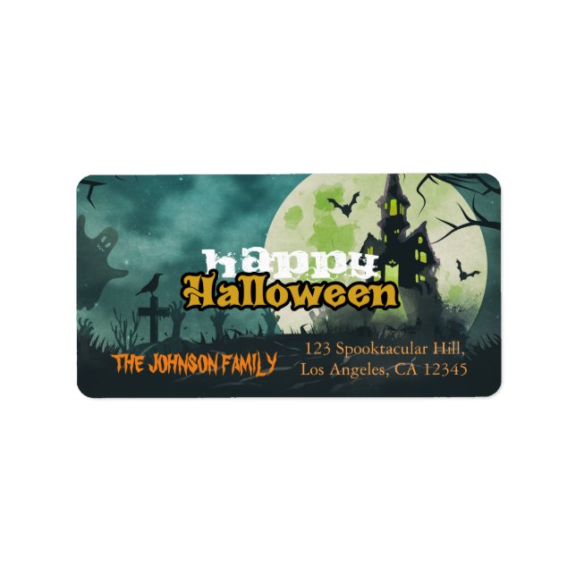 Étiquette Éffrayant Haunted House Night Sky Halloween Adress (Devant)