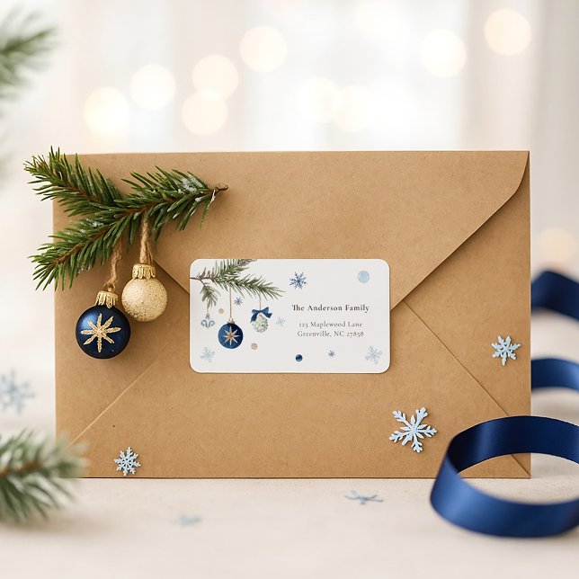 Étiquette Elégant Aquarelle Bleu Blanc Ornement de Noël (Créateur téléchargé)