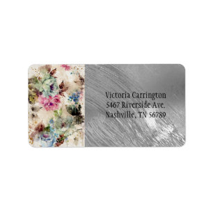 Étiquette Elégant Argent Floral Aquarelle Mariage Abstrait