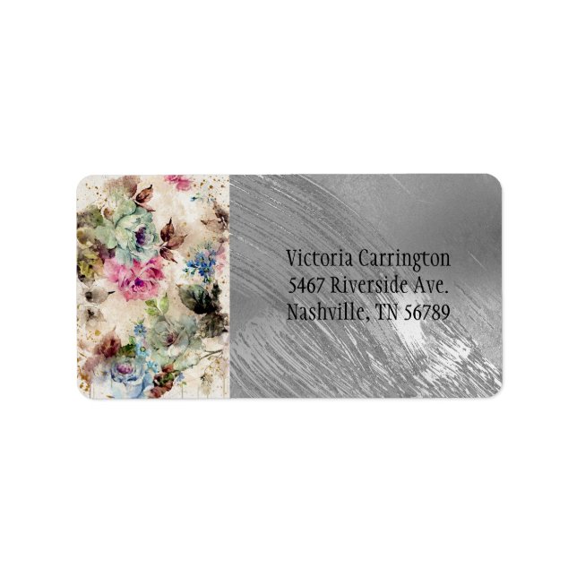 Étiquette Elégant Argent Floral Aquarelle Mariage Abstrait (Devant)