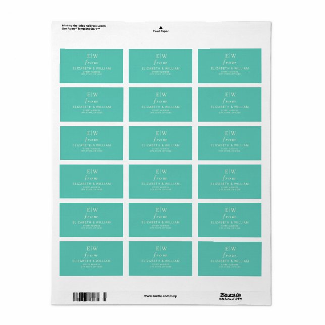 Étiquette Élégant Awe aquatique simple avec Mariage Monogram (Feuille entière)