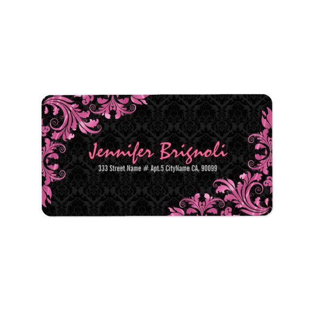 Étiquette Élégant dentelle en métal rose noir Damas (Devant)