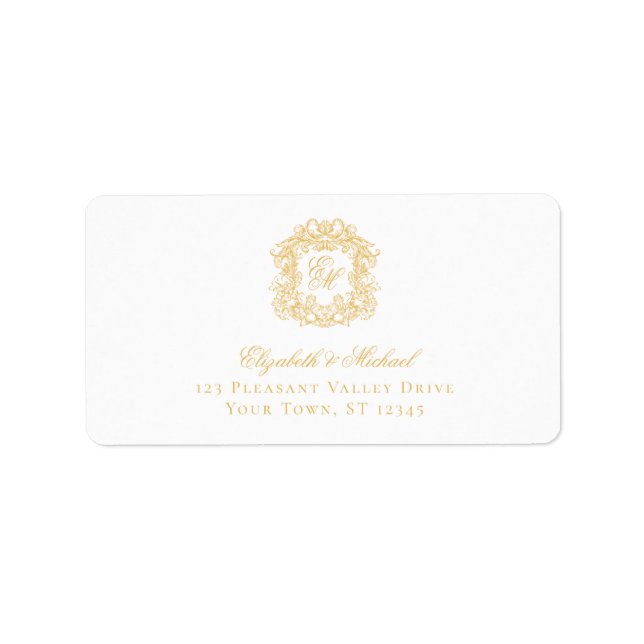 Étiquette Elegant Gold Monogram Crest Wedding Address (Devant)
