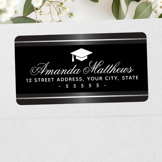 Étiquette Elégant graduation satin gris faux bordure argent (Elegant graduation satin gray faux silver border label)