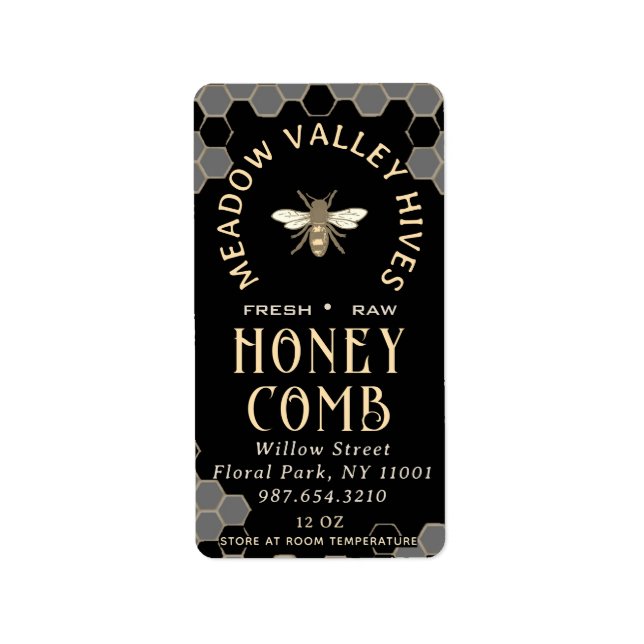 Étiquette Elégant HONEYCOMB noir avec Motif peigne & abeille (Devant)