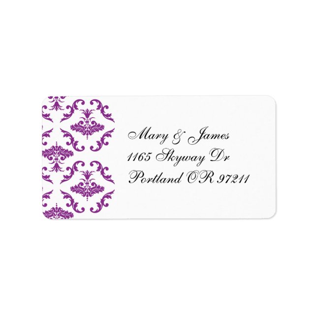 Étiquette Élégant Mariage Adresse Purple Damask (Devant)