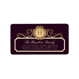 Étiquette Elégant Monogram Family Burgundy Plum Gold Adresse