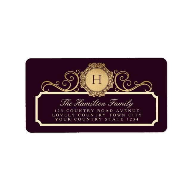 Étiquette Elégant Monogram Family Burgundy Plum Gold Adresse (Devant)