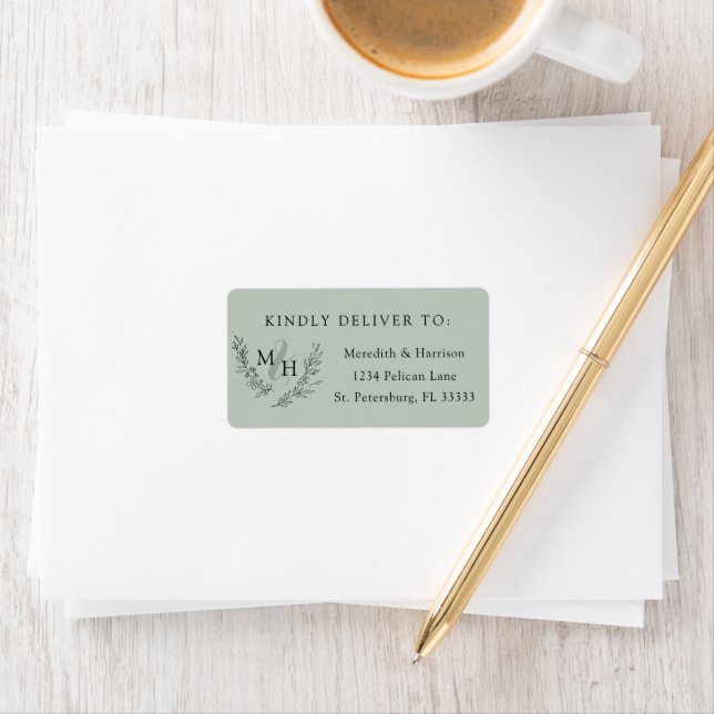 Étiquette Élégant Monogram Sage Wedding RSVP Adresse (En situation)