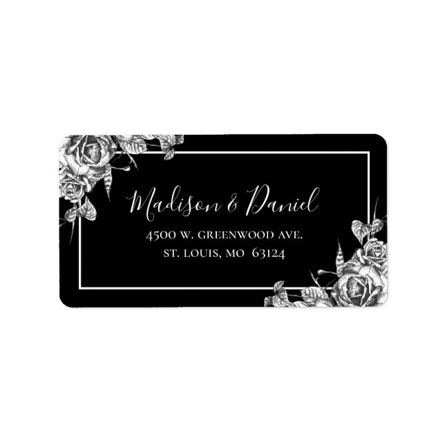 Étiquette Élégant noir blanc Mariage Floral Adresse de retou (Devant)