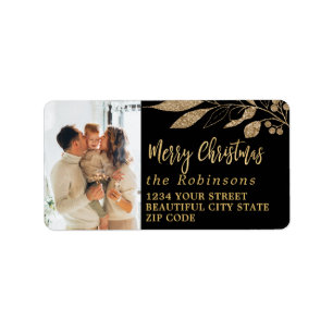 Étiquette Élégant Script Black Gold Christmas Adresse de ret