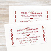 Elegant Script Christmas Red Holly Return Address