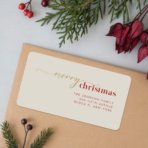 Étiquette Élégant Script Doré Rouge Noël Joyeux Noël