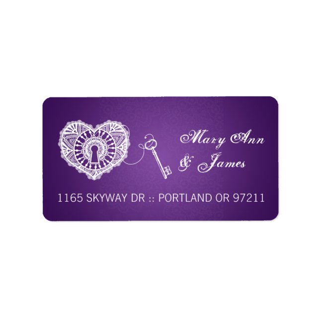 Étiquette Élégante Adresse Mariage Clé De Mon Coeur Violet (Devant)