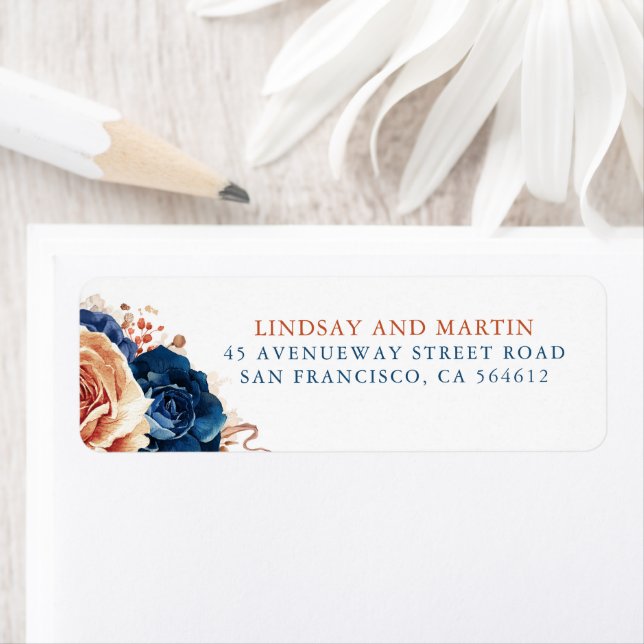 Étiquette élégante boho fleurs bleu marine terraco (En situation)