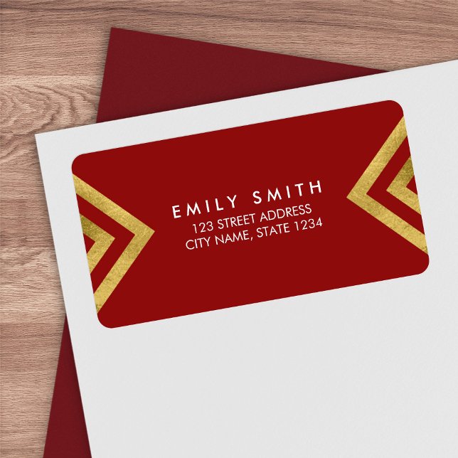 Étiquette Elégante et chic Red Faux Gold Adresse géométrique (Créateur téléchargé)