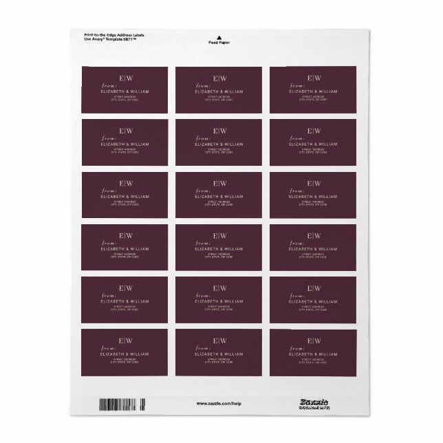 Étiquette Elégante laque simple cerise, Mariage Monogramme (Feuille entière)