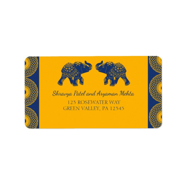 Étiquette Eléphants à thème indiens en Mariage bleu royal  (Devant)