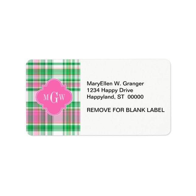 Étiquette Emerald Green Hot Pink Wht Preppy Madras (Devant)