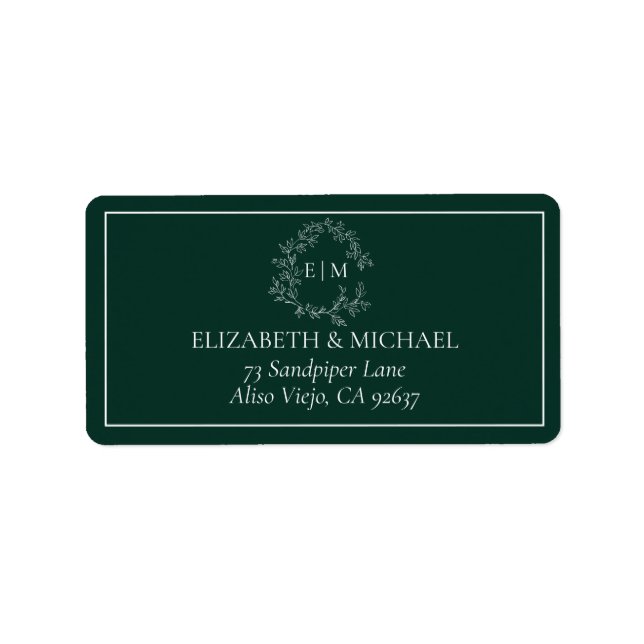 Étiquette Emerald Green Leafy Crest Monogram Adresse du Mari (Devant)