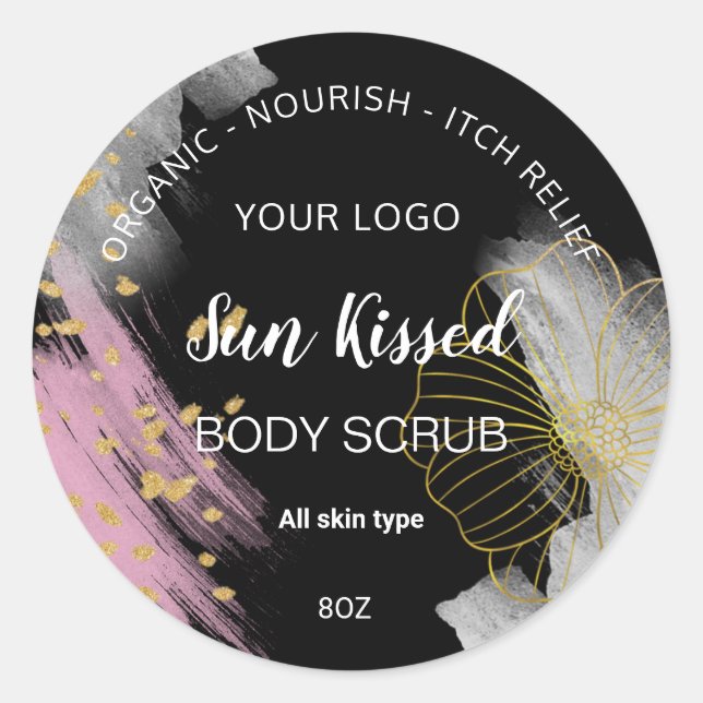 Étiquette en cercle de fleurs couleur or noir (Devant)