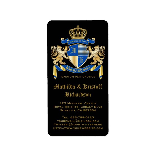 Étiquette Faites votre propre blason Bleu or Lion Emblem (Devant)