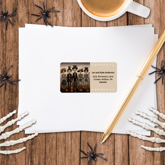 Étiquette Famille de squelettes effrayants, Joyeux Halloween (Créateur téléchargé)