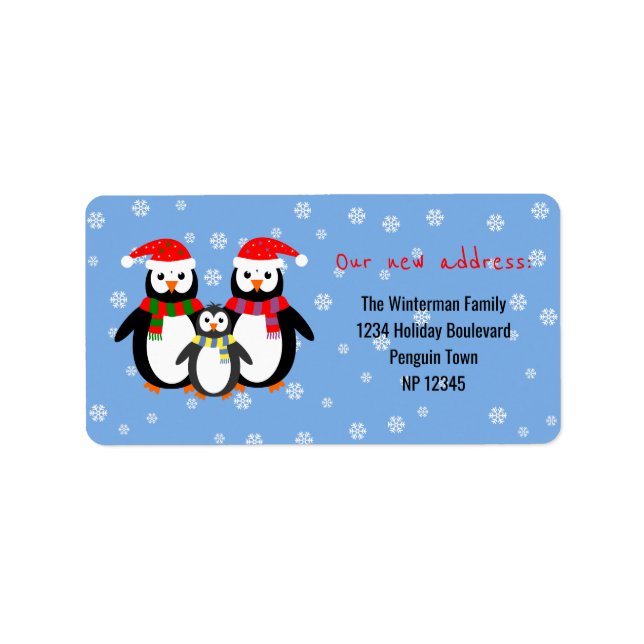 Étiquette Famille Penguin nouvelle adresse bleu (Devant)