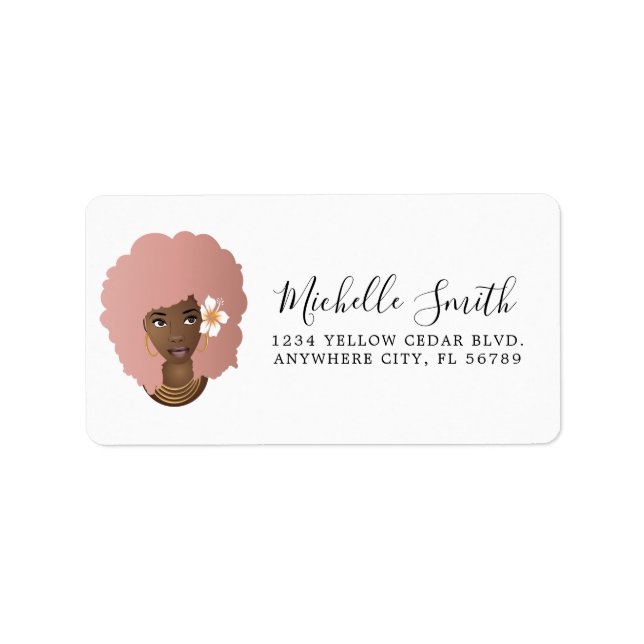Étiquette Femme Noire, Cheveux Rose Naturel Afro Avec Fleur (Devant)