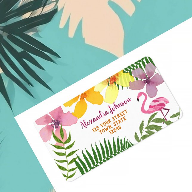 Étiquette Flamant rose de fleurs tropicales Adresse de retou (Créateur téléchargé)