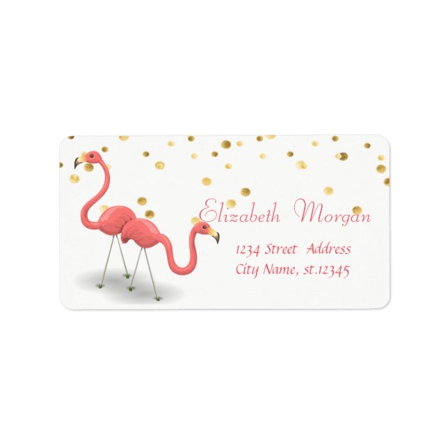 Étiquette Flamants roses mignons, Blanc, Faux Gold Foil Conf (Devant)