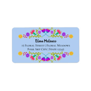 Étiquette Fleurs d'art populaire mexicaine Fiesta Light Blue