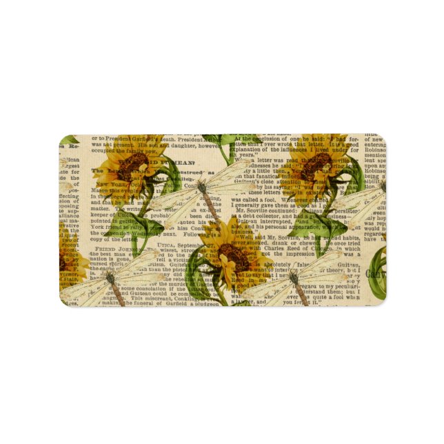 Étiquette Fleurs de soleil libellules vieux journal style pa (Devant)