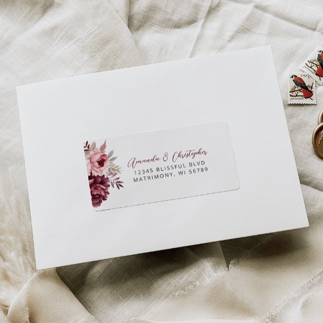 Étiquette Floral Burgundy Dusty Rose Wedding Adresse RSVP (Créateur téléchargé)