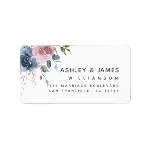Étiquette Floral Dusty Blue Rose Script Adresse de retour